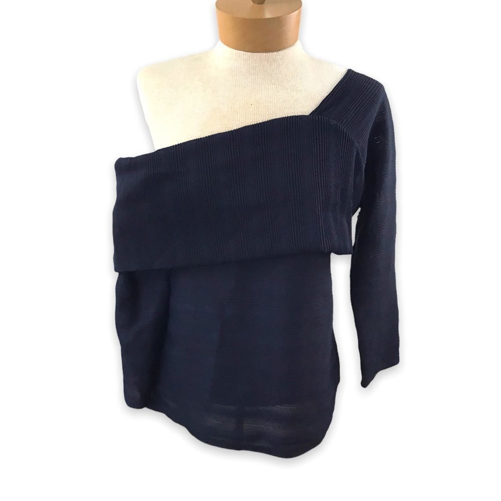 Anthropologie One-Shoulder Ribbed Navy Sweater